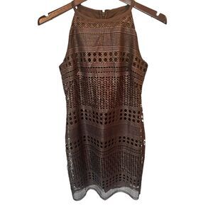 White house black market brown and gold short dress wedding guest fancy night ou